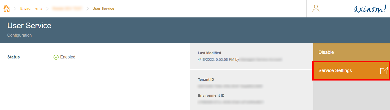 Admin Portal Service Settings for User Service