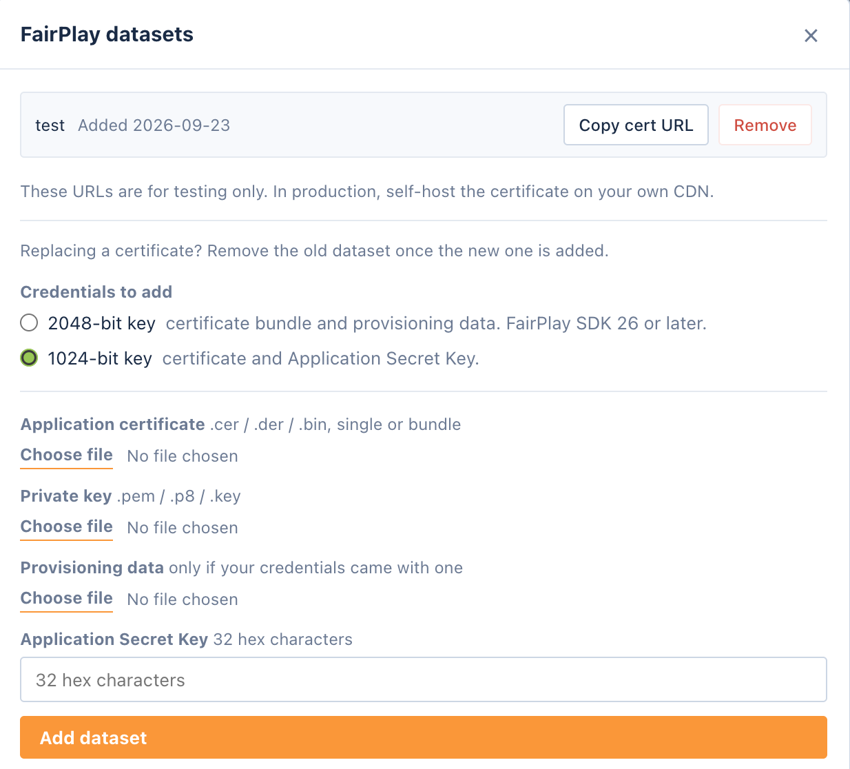 FairPlay datasets window with the 1024-bit key option